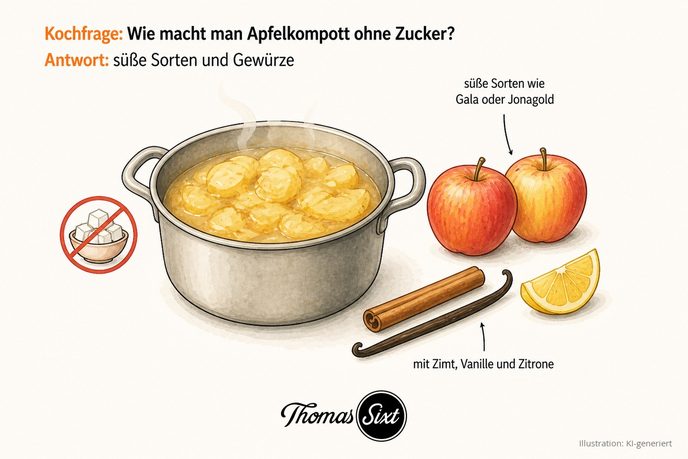 Topf mit weich gekochten Apfelstücken, süßen Äpfeln, Zimtstange und Vanilleschote und durchgestrichenem Zucker als Illustration