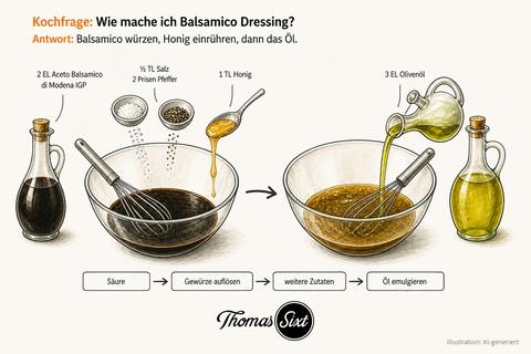 Zwei Glasschüsseln: links dunkler Balsamico mit Salz, Pfeffer und einem Löffel Honig, rechts das gebundene hellere Dressing beim Einrühren von Olivenöl, außen eine Balsamicoflasche und eine Ölflasche, darunter eine Ablaufleiste