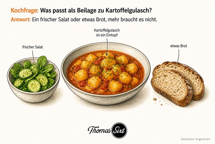 Was passt als Beilage zu Kartoffelgulasch: eine Schale Kartoffelgulasch, daneben ein frischer grüner Salat und zwei Scheiben rustikales Brot