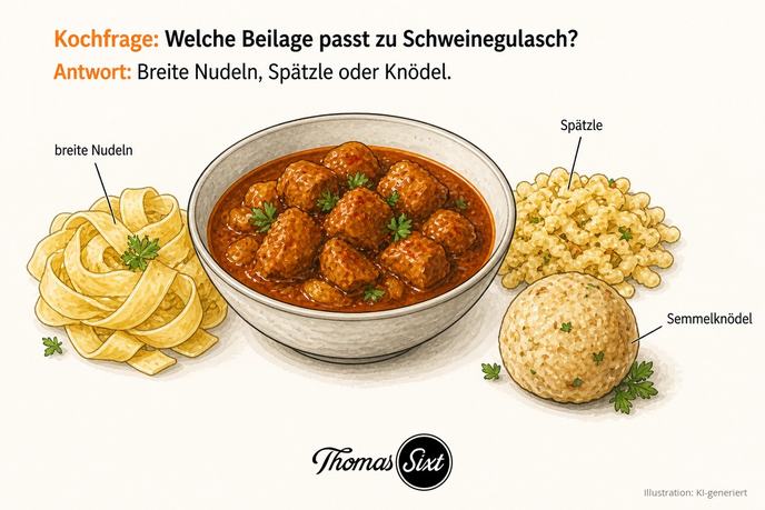 Welche Beilage passt zu Schweinegulasch: eine Schale Schweinegulasch mit sämiger Sauce, daneben breite Bandnudeln, Spätzle und ein Semmelknödel