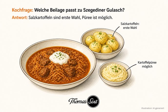 Welche Beilage passt zu Szegediner Gulasch: eine Schale Szegediner Gulasch mit Sahnehäubchen, daneben Salzkartoffeln mit Petersilie und ein Klecks Kartoffelpüree