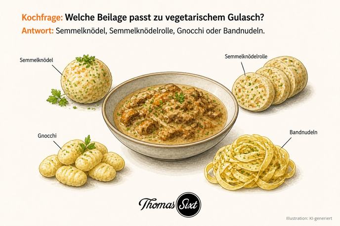 Welche Beilage passt zu vegetarischem Gulasch: eine Schale cremiges Pilzgulasch, daneben Semmelknödel, Scheiben einer Semmelknödelrolle, Gnocchi und Bandnudeln