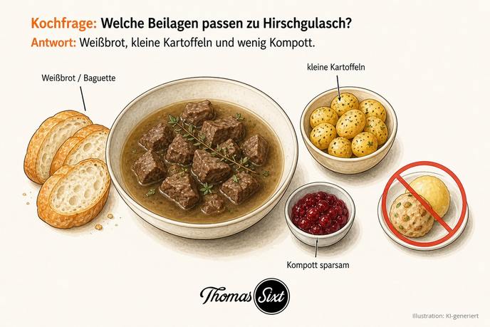 Welche Beilagen passen zu Hirschgulasch: eine Schale Hirschgulasch im Thymianfond, daneben Baguette, kleine Ofenkartoffeln und ein Schälchen Cranberry-Kompott