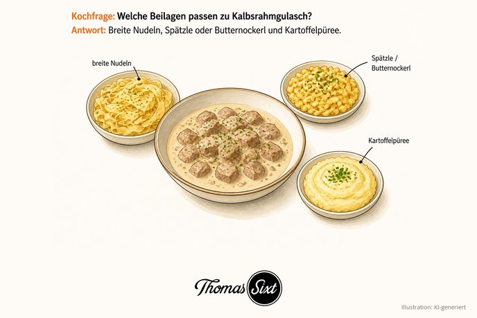 Welche Beilagen passen zu Kalbsrahmgulasch: eine Schale helles Kalbsrahmgulasch, drumherum breite Bandnudeln, Spätzle oder Butternockerl und Kartoffelpüree