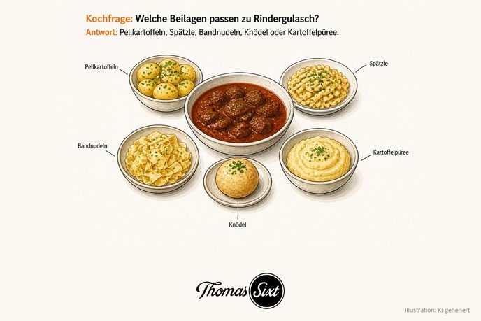 Welche Beilagen passen zu Rindergulasch: eine Schale Rindergulasch, drumherum Pellkartoffeln, Spätzle, breite Bandnudeln, ein Knödel und Kartoffelpüree