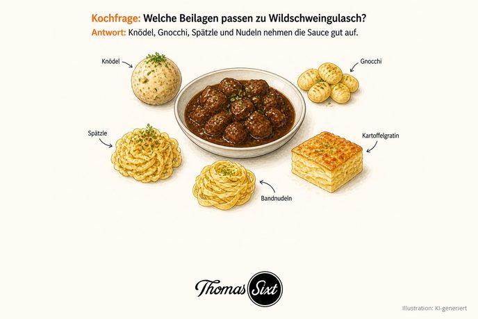 Welche Beilagen passen zu Wildschweingulasch: eine Schale dunkles Wildschweingulasch, drumherum ein Semmelknödel, Gnocchi, Spätzle, ein Nest Bandnudeln und ein Stück Kartoffelgratin