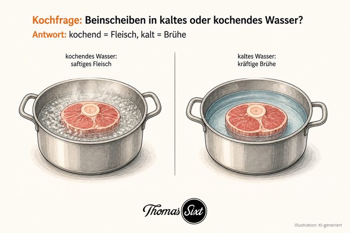 Zwei Töpfe im Vergleich, links kochendes Wasser für saftiges Fleisch, rechts kaltes Wasser für kräftige Brühe, als Illustration
