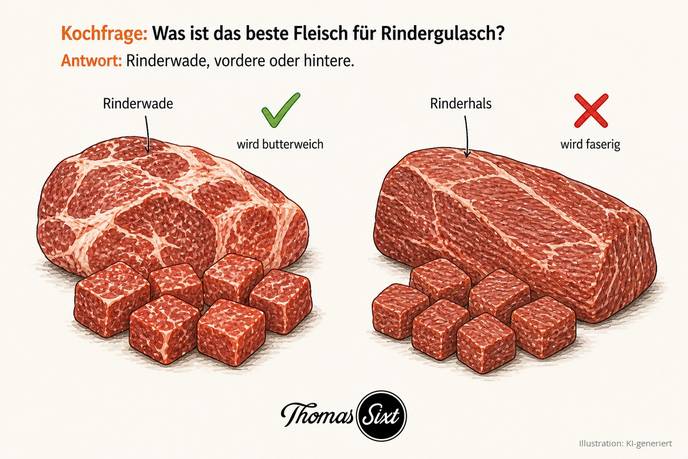 Was ist das beste Fleisch für Rindergulasch: links ein durchwachsenes Stück Rinderwade mit Gulaschwürfeln und grünem Haken, rechts ein mageres Stück Rinderhals mit rotem Kreuz