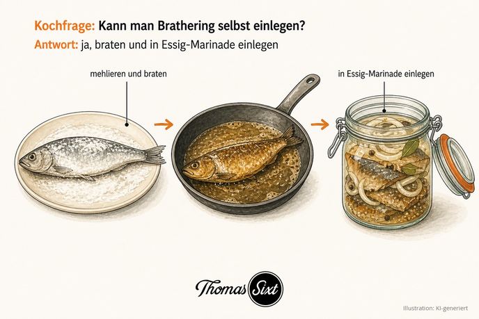 Mehlierter Hering, gebratener Hering in der Pfanne und eingelegte Heringe im Glas mit Marinade als Illustration