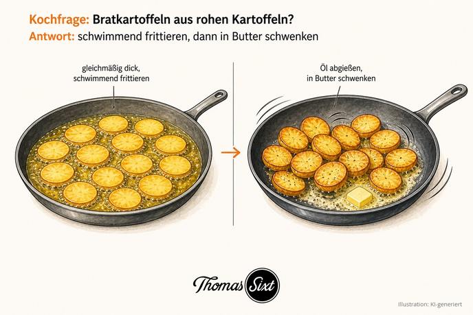 Zwei Pfannen: links Kartoffelscheiben schwimmend im Öl frittieren, rechts die knusprigen Scheiben in Butter schwenken, als Illustration