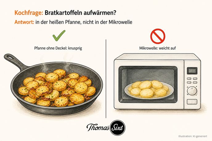 Bratkartoffeln in einer heißen Pfanne aufwärmen im Vergleich zur Mikrowelle als Illustration