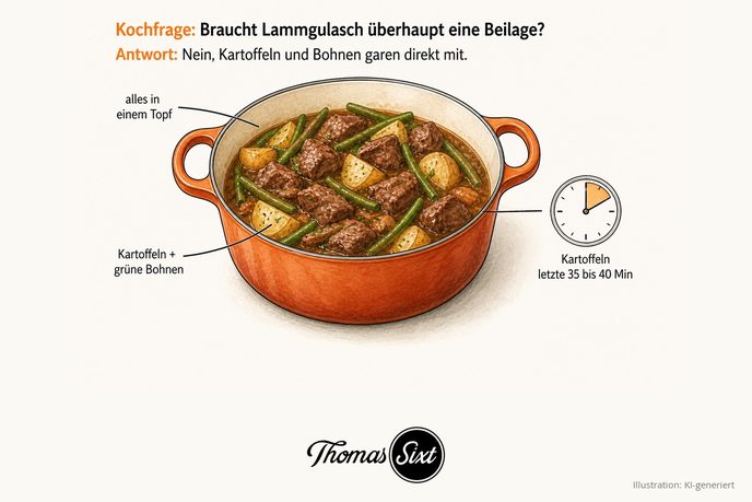 Braucht Lammgulasch eine Beilage: ein großer Topf Lammgulasch, in dem geviertelte Kartoffeln und grüne Bohnen mitgaren, Hinweis alles in einem Topf