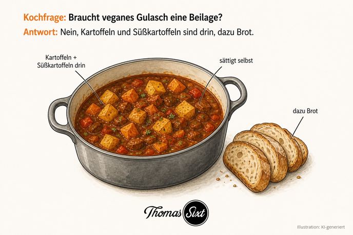 Braucht veganes Gulasch eine Beilage: ein Topf veganes Gulasch mit Kartoffel- und Süßkartoffelwürfeln, daneben ein paar Scheiben Brot