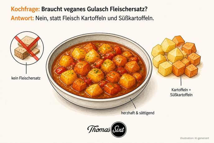 Braucht veganes Gulasch Fleischersatz: eine Schale rotes veganes Paprikagulasch mit Kartoffel- und Süßkartoffelwürfeln, daneben Gemüsewürfel und ein durchgestrichener Fleischersatz