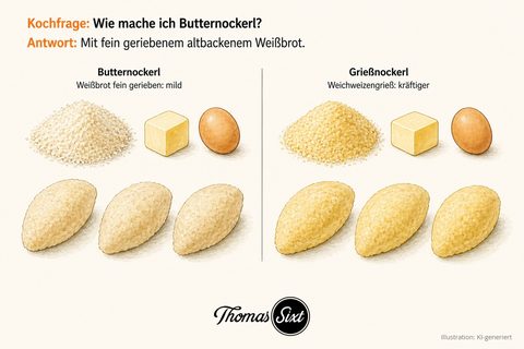 Vergleich zweier Nockerlarten: links helle Weißbrotbrösel mit Butterwürfel und Ei über drei hellbeigen Nockerln, rechts körniger Grieß mit Butterwürfel und Ei über drei gelblicheren Nockerln