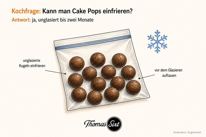 Unglasierte Cake-Pop-Kugeln in einem Gefrierbeutel mit Schneeflocken-Symbol als Illustration