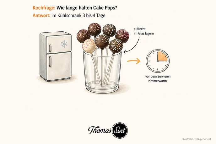 Cake-Pop-Kugeln am Stiel aufrecht in einem Glas neben einem Kühlschrank-Symbol als Illustration