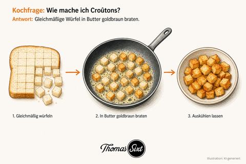 Drei Schritte: Weißbrotscheibe teilweise in gleichmäßige Würfel geschnitten, Pfanne mit aufgeschäumter Butter und Brotwürfeln, Schale mit goldbraunen knusprigen Würfeln