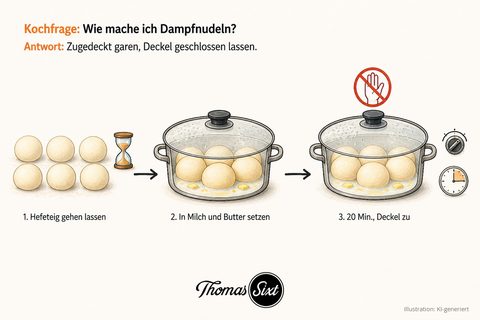Drei Schritte: sechs helle Hefeteigkugeln neben einer Sanduhr, breiter Topf mit Milch und Butter in dem die Kugeln unter geschlossenem Glasdeckel sitzen, derselbe Topf mit Herdregler auf niedriger Stufe und Uhr