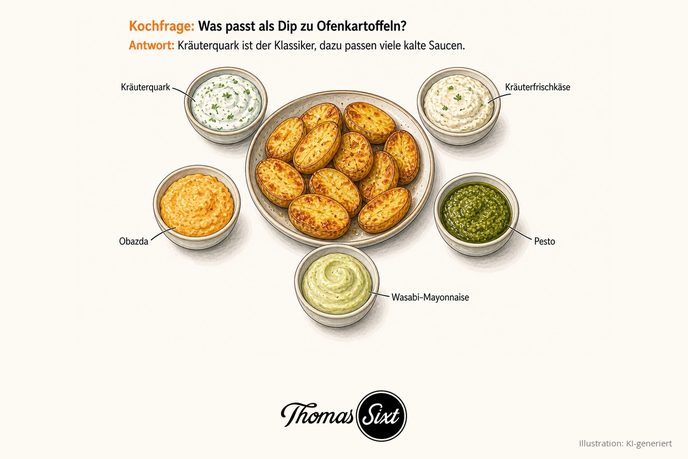 Teller mit goldbraunen Ofenkartoffelhälften, umgeben von fünf Dip-Schälchen mit Kräuterquark, Kräuterfrischkäse, Obazda, Pesto und Wasabi-Mayonnaise