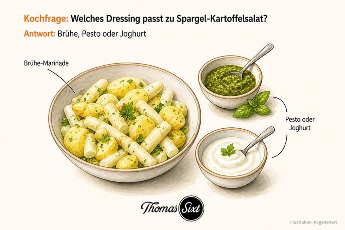Eine Schüssel Spargel-Kartoffelsalat, daneben ein Schälchen Basilikum-Pesto und ein Schälchen Joghurt mit Löffeln, als Illustration