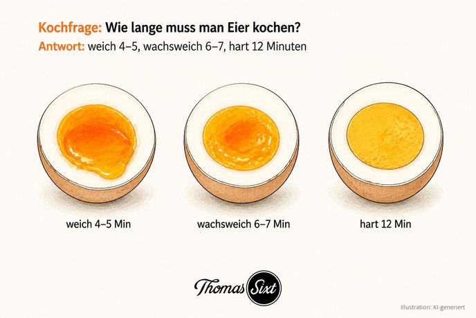 Drei aufgeschnittene gekochte Eier von weich über wachsweich bis hart mit ihren Kochzeiten als Illustration