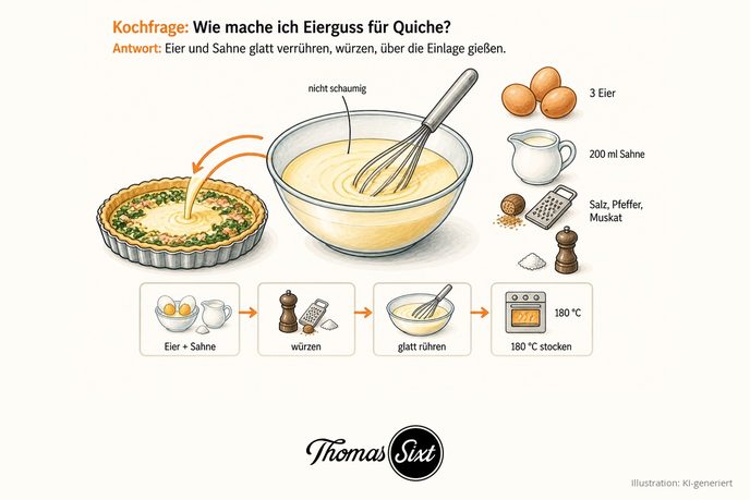 Gezeichnete Illustration: Eierguss für Quiche, glatt gerührte Ei-Sahne-Masse in einer Schüssel, daneben Eier, Sahne, Muskat und Pfeffer, der Guss wird in die Quicheform gegossen