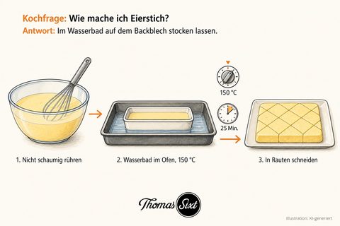 Drei Schritte: Glasschüssel mit glatter gelber Eiermilch und Schneebesen, Auflaufform mit Eiermilch die im Wasserbad auf einem tiefen Backblech steht, daneben Ofenregler 150 Grad und Uhr mit 25 Minuten, fertiger Eierstich in Rauten geschnitten