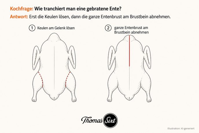 Skizze Ente tranchieren, Keulen lösen und Entenbrust am Brustbein abnehmen