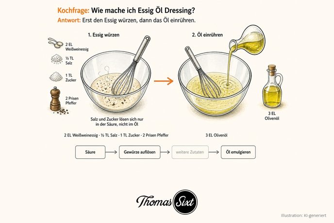 Zwei Glasschüsseln nebeneinander: links Weißweinessig mit Salz, Zucker und Pfeffer und einem Schneebesen, rechts wird Olivenöl aus einem Kännchen eingerührt, darunter eine Ablaufleiste von Säure über Gewürze auflösen bis Öl emulgieren