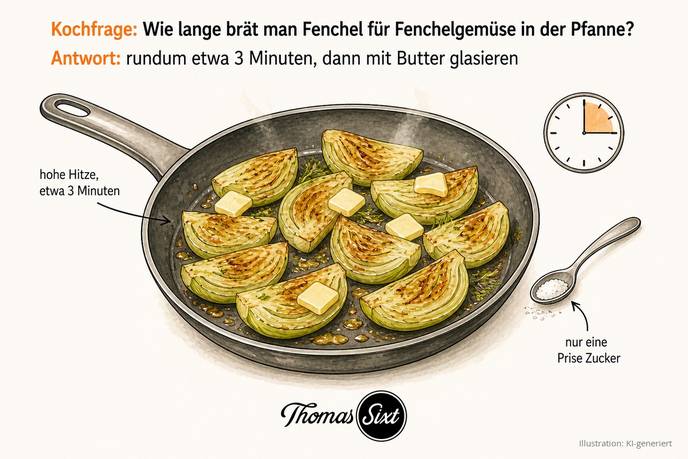 Pfanne mit goldbraun angebratenen Fenchelachteln, Butterflocken und einer Prise Zucker als Illustration