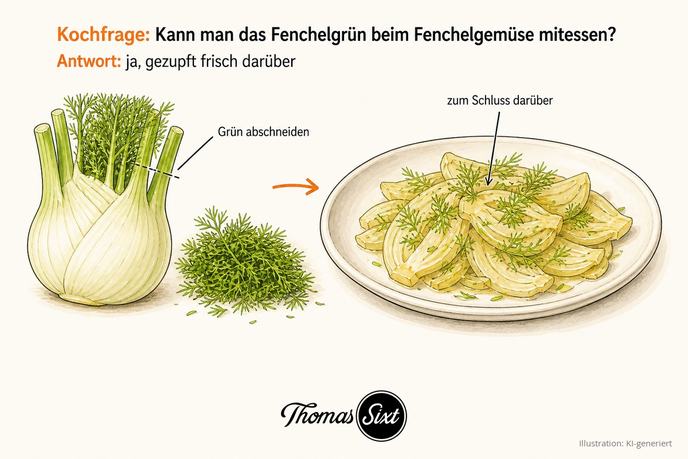 Angerichtetes Fenchelgemüse auf dem Teller, darüber frisch gezupftes Fenchelgrün, daneben eine Fenchelknolle mit Kraut, als Illustration