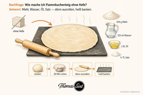 Gezeichnete Illustration: dünn ausgerollter Flammkuchenteig ohne Hefe auf heißem Backstein, daneben Mehl, Wasser, Öl und Salz sowie ein durchgestrichener Hefewürfel
