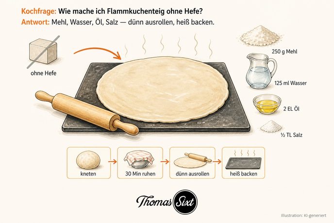 Gezeichnete Illustration: dünn ausgerollter Flammkuchenteig ohne Hefe auf heißem Backstein, daneben Mehl, Wasser, Öl und Salz sowie ein durchgestrichener Hefewürfel