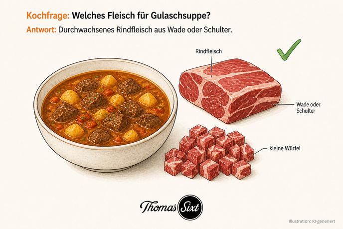 Welches Fleisch für Gulaschsuppe: eine Schale Gulaschsuppe mit Fleisch- und Kartoffelstücken, daneben ein durchwachsenes Stück Rindfleisch und kleine Gulaschwürfel