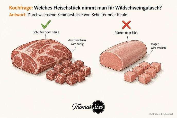 Welches Fleischstück für Wildschweingulasch: links ein durchwachsenes marmoriertes Schulter- oder Keulenstück mit Gulaschwürfeln und grünem Haken, rechts ein mageres helles Rücken- oder Filetstück mit blassen Würfeln und rotem Kreuz