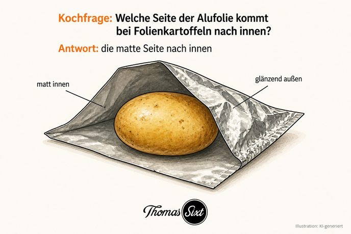 Rohe Kartoffel wird in Alufolie gewickelt, die matte Seite liegt innen, die glänzende außen, als Illustration