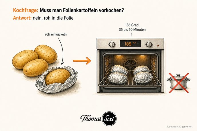 Rohe Kartoffeln werden in Alufolie gewickelt, daneben ein Backofen bei 185 Grad, als Illustration