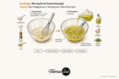 Zwei Glasschüsseln: links Weißweinessig mit Salz, Pfeffer und Senf und einem Schneebesen, rechts wird Olivenöl eingerührt, im Dressing sind gehackte Kräuter und Knoblauch sichtbar, darunter eine Ablaufleiste von Säure bis Öl emulgieren