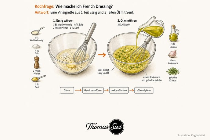 Zwei Glasschüsseln: links Weißweinessig mit Salz, Pfeffer und Senf und einem Schneebesen, rechts wird Olivenöl eingerührt, im Dressing sind gehackte Kräuter und Knoblauch sichtbar, darunter eine Ablaufleiste von Säure bis Öl emulgieren