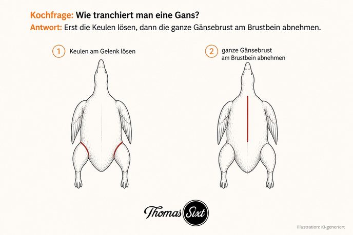 Skizze Gans tranchieren, Keulen lösen und Gänsebrust am Brustbein abnehmen