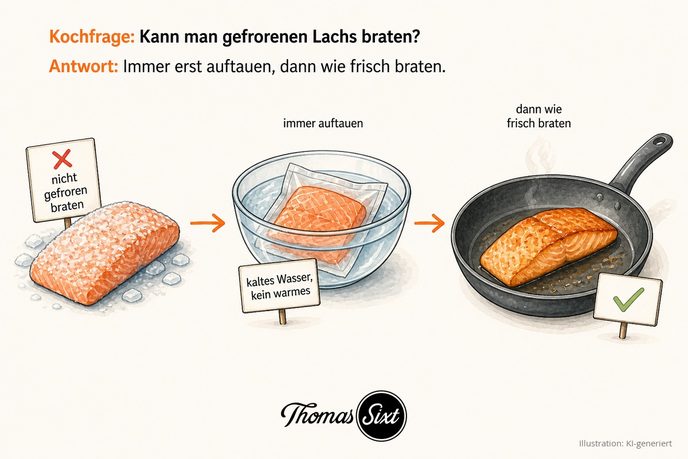Kann man gefrorenen Lachs braten: ein tiefgekühltes Lachsfilet, das im Kühlschrank oder verpackt in kaltem Wasser auftaut, dann in der Pfanne gebraten wird