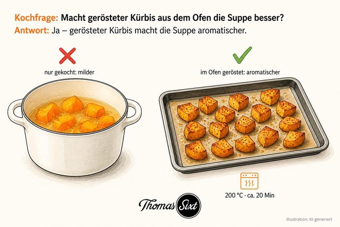 Macht gerösteter Kürbis aus dem Ofen die Suppe besser: links ein Topf mit blassen gekochten Kürbisstücken, rechts ein Backblech mit goldbraun gerösteten Kürbiswürfeln bei 200 Grad