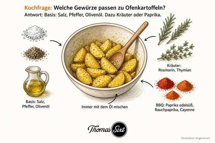 Rührschüssel mit marinierten Kartoffelvierteln und Holzlöffel, links Salz, Pfeffer und ein Kännchen Olivenöl, rechts Rosmarin, Thymian und drei Häufchen Paprikapulver