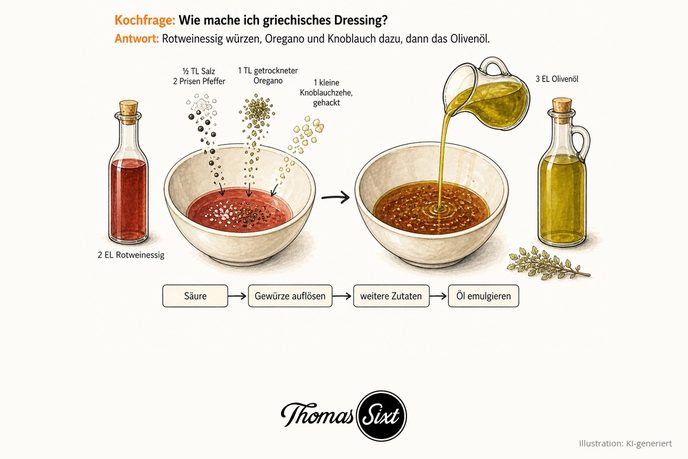 Zwei helle Schüsseln: links rötlicher Rotweinessig, in den Salz, Pfeffer, Oregano und gehackter Knoblauch rieseln, rechts das fertige Dressing beim Einrühren von Olivenöl, außen eine Rotweinessigflasche und eine Ölflasche mit Oreganozweig