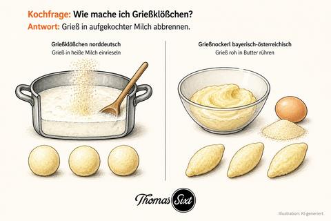 Vergleich zweier Zubereitungen: links Topf mit heißer Milch und einrieselndem Grieß über drei runden Klößchen, rechts Schüssel mit cremiger Butter neben Ei und rohem Grieß über drei länglichen Nockerln