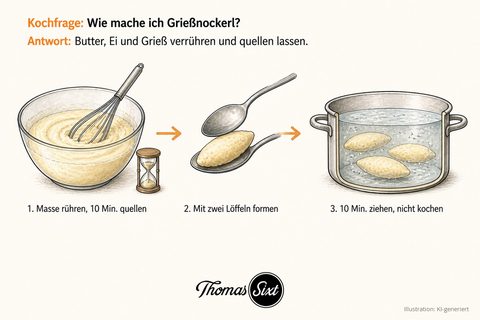 Drei Schritte: Rührschüssel mit cremiger Grießmasse und Schneebesen neben einer Sanduhr, zwei Löffel formen ein längliches Nockerl, Topf mit ruhigem Wasser und drei Nockerln