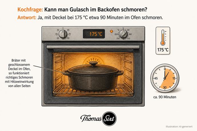 Grafik Gulasch im Backofen schmoren, gusseiserner Bräter mit geschlossenem Deckel im Backofen bei 175 Grad, daneben Thermometer 175 Grad und Küchentimer etwa 90 Minuten