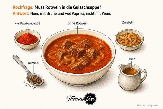 Muss Rotwein in die Gulaschsuppe: eine Schale rote Gulaschsuppe, drumherum viel Paprika edelsüß, Kümmel, geschmorte Zwiebeln und Brühe, Hinweis ohne Rotwein