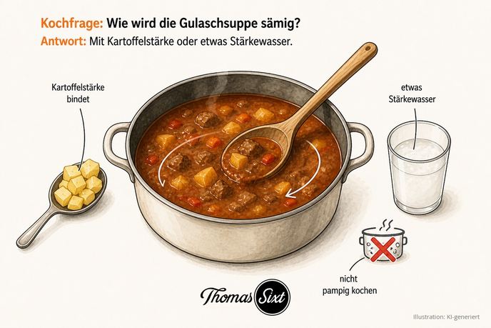 Wie wird die Gulaschsuppe sämig: ein Topf Gulaschsuppe, daneben Kartoffelwürfel und ein Glas Stärkewasser, das eingerührt wird